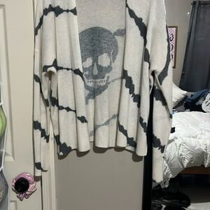 Skull Cashmere White and Gray Cardigan with Bold Skull Design